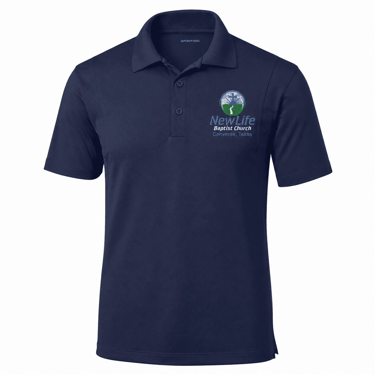 Navy ST650 polo with the New Life Baptist Church logo on the left chest